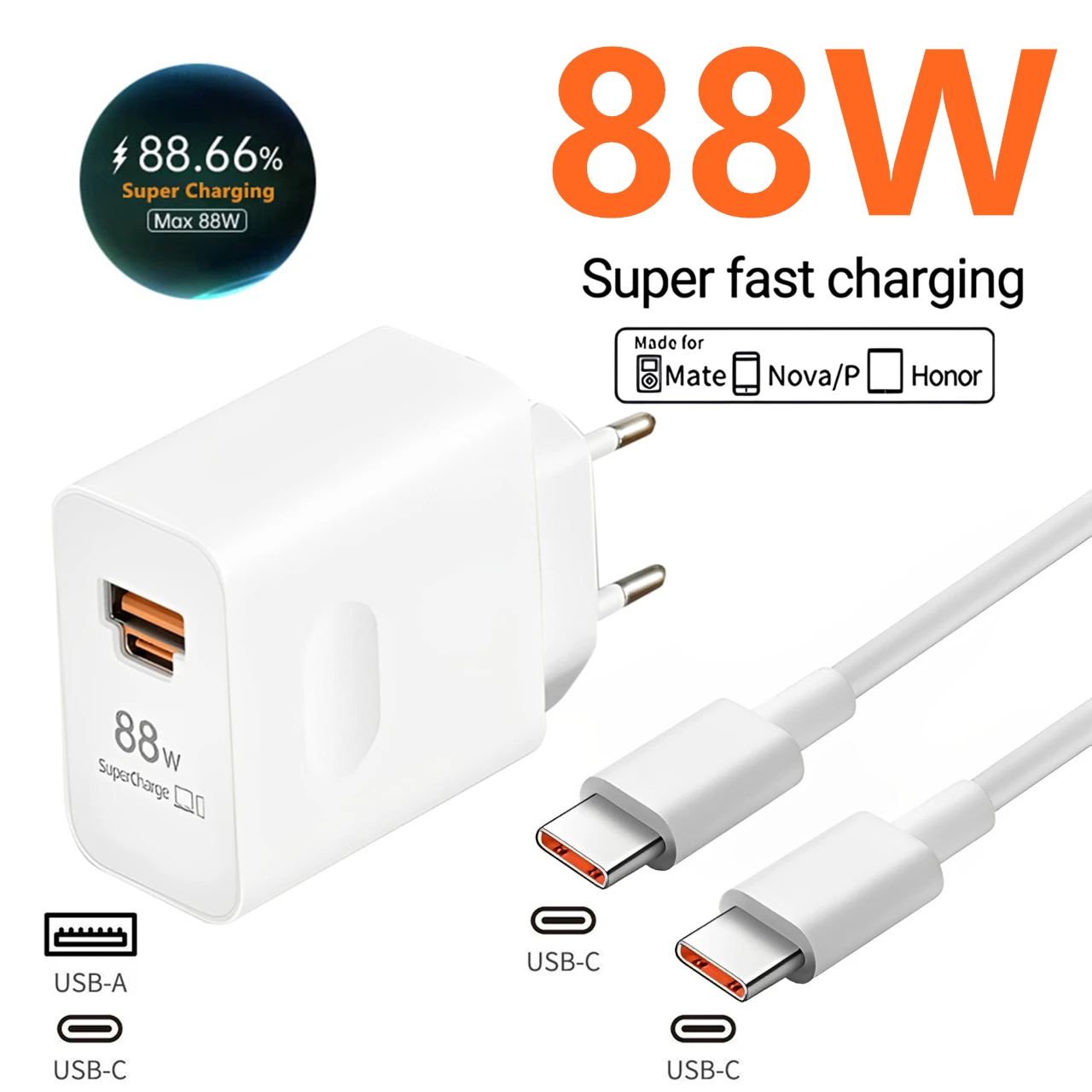 Cargador súper rápido USB A + C de 88W máximo para Huawei Mate 50 60 P60 Nova 12 Honor 400 Magic 6 Pro Cable de carga rápida tipo C a tipo C