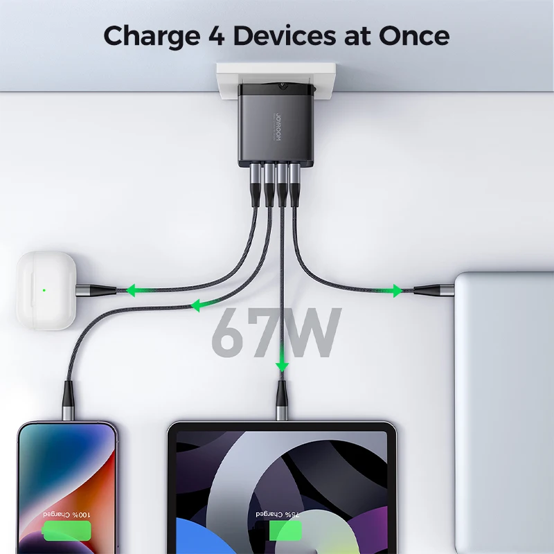 JOYROOM-Bloque de cargador USB C, adaptador de carga rápida de pared GaN plegable de 4 puertos, 67W, para iPhone 1, MacBook Pro/Air, iPad Pro/Air Galaxy - imagen 3