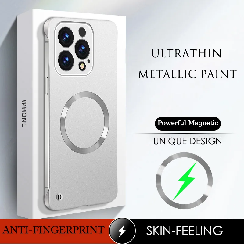 Funda ultrafina y delgada con pintura metálica sin marco para iPhone 16 15 Pro Max 16Pro 15Pro Plus, carcasa dura con carga inalámbrica magnética