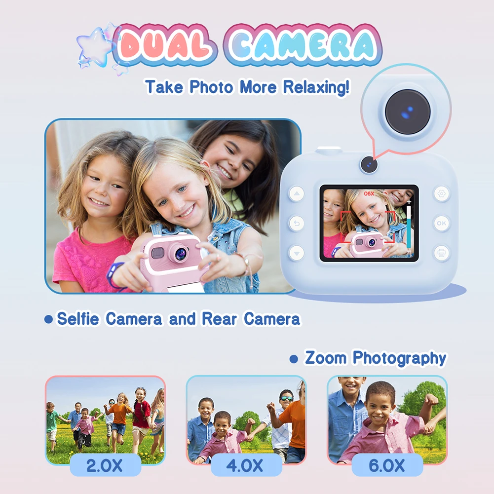 Mini cámara de impresión instantánea para niños, cámara fotográfica Digital de doble lente HD 1080P, cámara de impresión de fotos y vídeo para niños sofortbildkamera - imagen 3