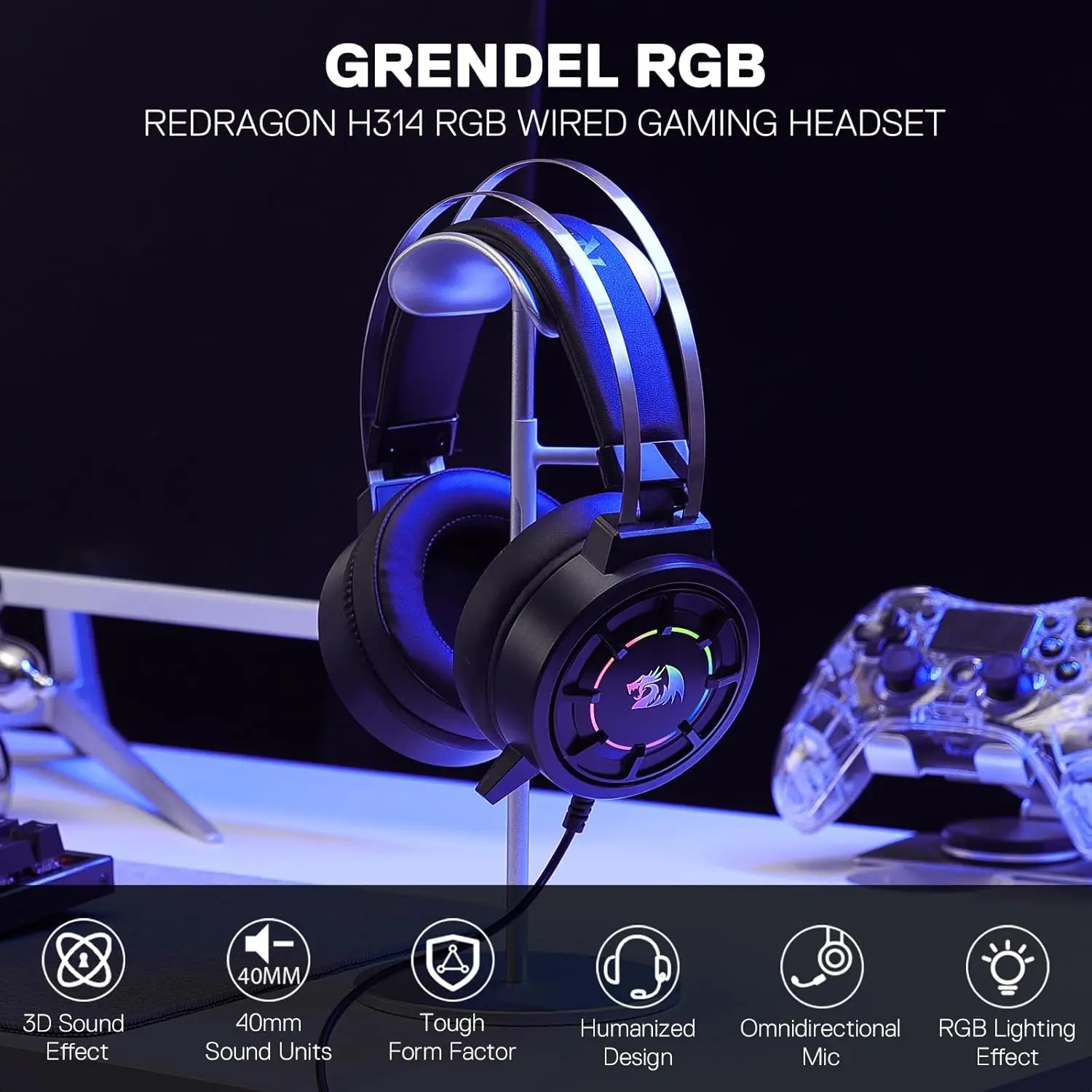 Auriculares para juegos Redragon H314 RGB: auriculares para computadora con cable con controladores de 40 mm, conexión USB, diseño liviano y hoja de PU suave - imagen 2