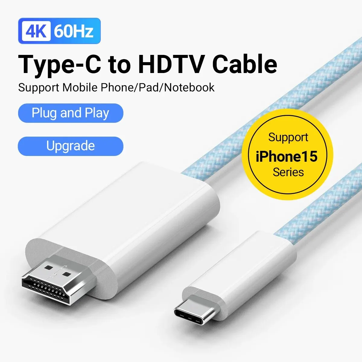 Cable 4K tipo C a HDMI, Woven-1.8M de nailon/70,86 pulgadas para iPhone 15 Series/MacBook Pro/Air, IPad ,Galaxy S8 a S23,Surface,Dell, HP - imagen 2