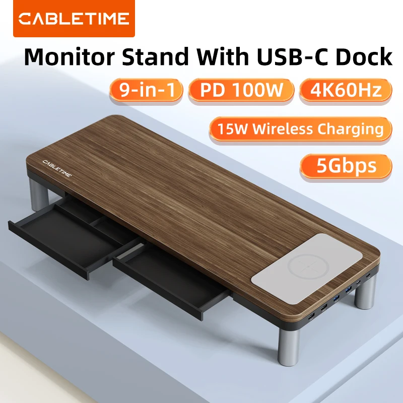 Soporte de Monitor CABLETIME con concentrador de USB-C 9 en 1 Dock HDMI 4K60Hz PD100W RJ45 carga inalámbrica para Macbook PC soporte de escritorio para portátil