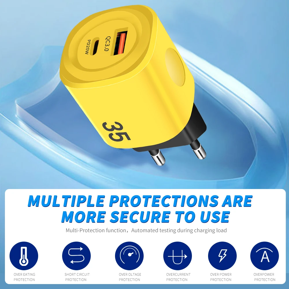 Cargador USB PD de 35W con dos puertos, cargador de pared de carga rápida tipo C para iPhone, Samsung, Xiaomi, Cable tipo C a tipo C - imagen 4