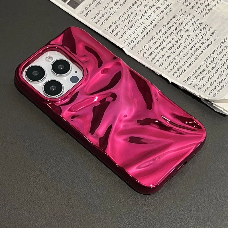 Funda con textura arrugada ondulada de agua roja chapada para iPhone 16 Pro Max 17 Air 15 14 13 12 11 16 Plus, funda trasera de silicona brillante - imagen 5
