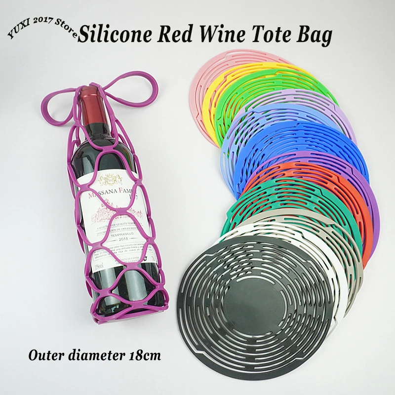 Bolsa de almacenamiento de botellas de vino de silicona lavable, bolsas de mano reutilizables para botellas de agua, tapete para tazas, cesta de malla para botellas de vino, organizador de Picnic