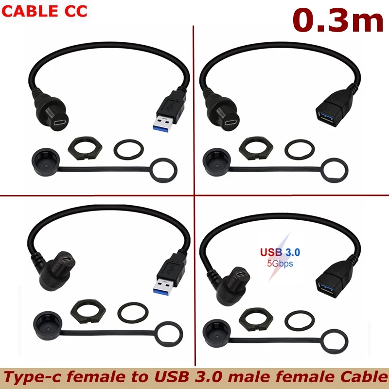 0,3 m USB A 3,0 macho hembra a tipo C 3,1 hembra coche yate motocicleta Panel de salpicadero Cable impermeable integrado