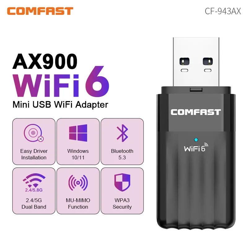 Adaptador USB COMFAST Bluetooth5.3 WiFi6 Dongle AX900 adaptador WiFi sin controlador 2,4 y 5,8 GHz receptor inalámbrico para PC/portátil Win10/11 - imagen 2
