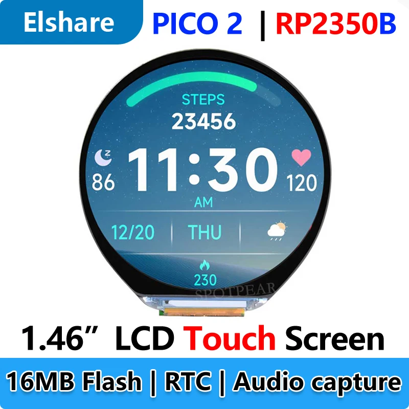 Raspberry Pi Pico 2 RP2350B 1,46 pulgadas 412x412 pantalla táctil LCD redonda HMI LVGL QMI8658 6 ejes 65K colores