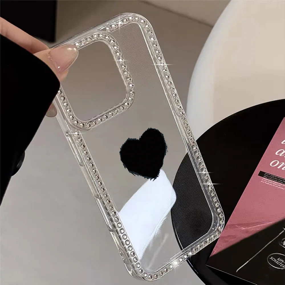 Funda de teléfono con cordón de diamante para iPhone 17 16 Pro Max 11 13 15 14 12 Air 17promax, Funda transparente a prueba de golpes con forma de corazón de amor - imagen 4