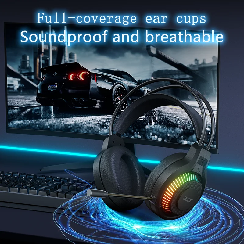 Auriculares para juegos Acer con micrófono 7,1 estéreo Virtual envolvente luz LED auriculares bajos Gamer para ordenador PC Gamer OHW303 - imagen 3