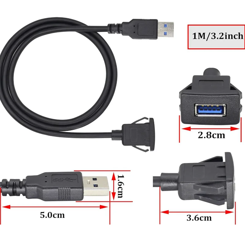 Cable de montaje empotrado de puertos USB 3,0 duales de 3,3 pies, Cable de extensión de montaje en tablero de Panel USB 3,0 macho a hembra de 2 puertos para barco de coche - imagen 3