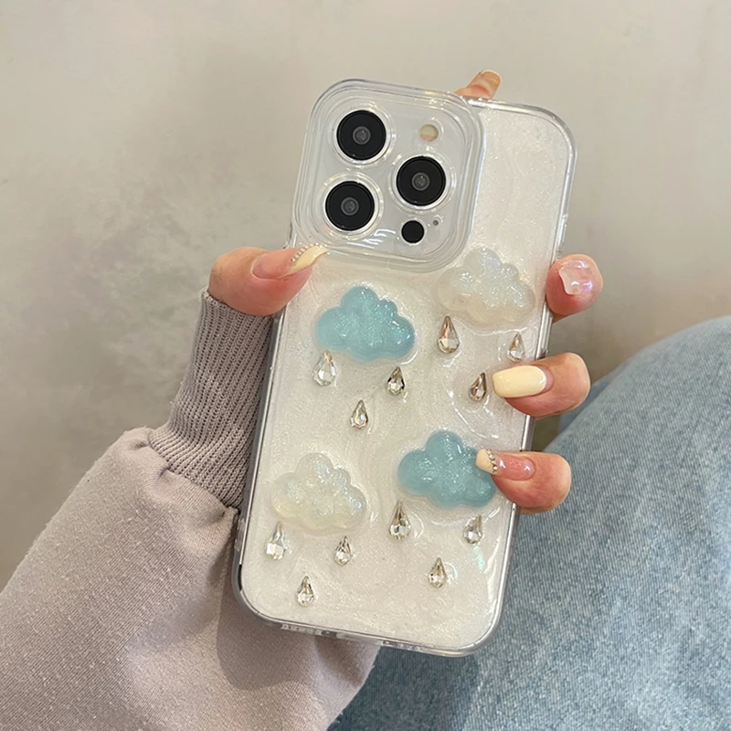 Funda de teléfono con gotas de lluvia y nubes 3D para iPhone 17 Air 16 15 14 Plus 13 11 12 Pro Max, funda protectora de silicona con purpurina suave - imagen 4