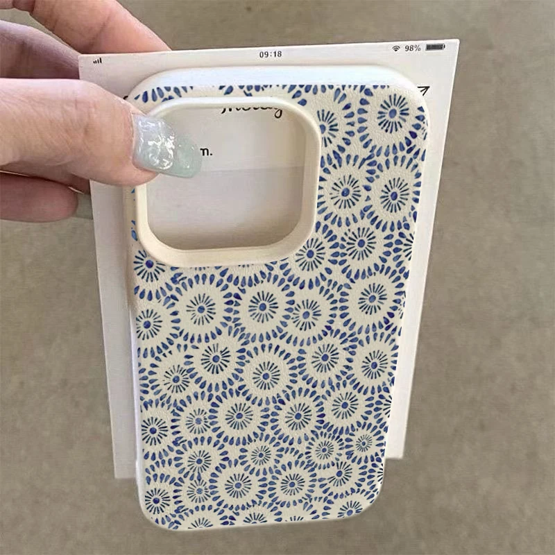 Funda de teléfono con textura de lichi y patrón Floral azul para iPhone 17 16 15 14 13 12 11 Pro Max 17 Air 15 14 Plus X XS XR 16E, funda suave - imagen 4