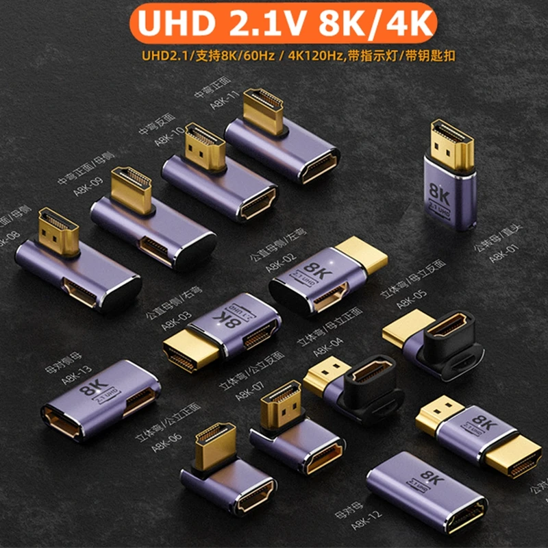 Adaptador de Cable 8K 60Hz 2,1 macho a hembra 48Gbps 8K convertidor compatible con 5K 120Hz codo recto para proyector TV ordenador de escritorio