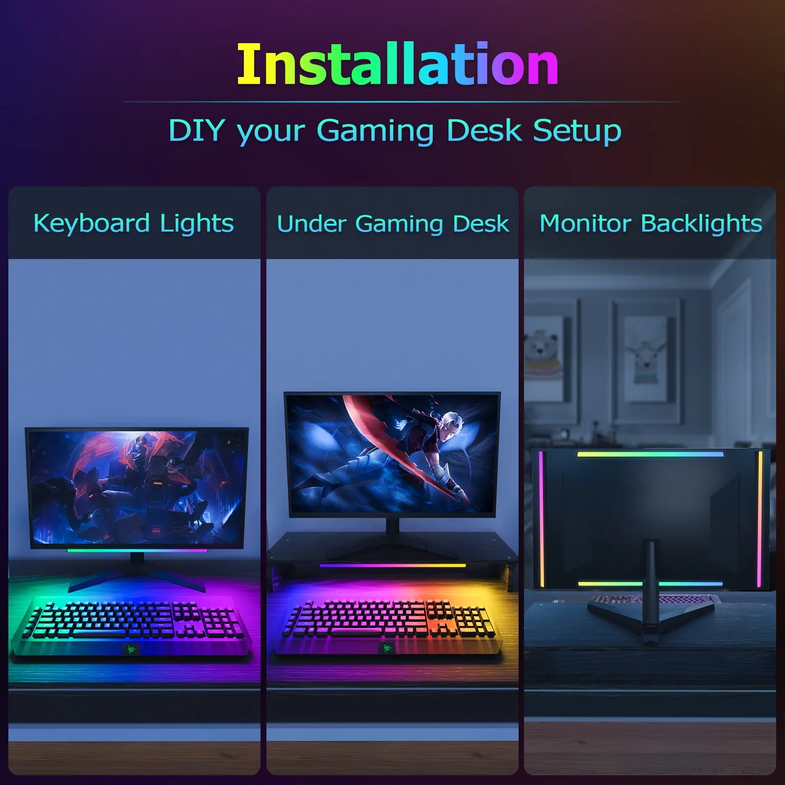 Luces de juego WILLED 2 en 1 bajo Monitor para juegos, mesa de juegos con control remoto para luz de teclado PC - imagen 4