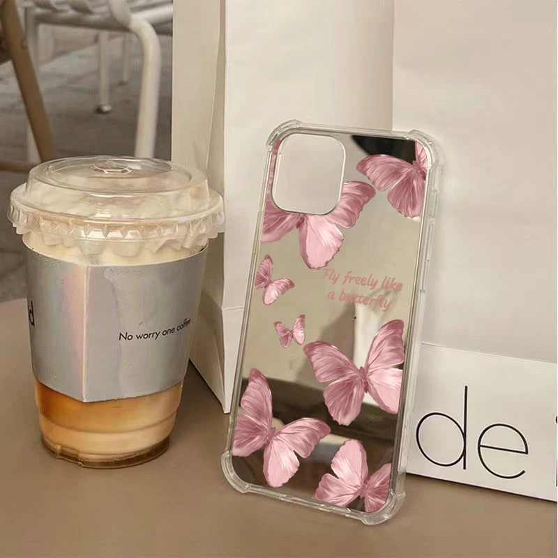 Funda de teléfono con espejo de mariposa rosa para iPhone 16 15 14 13 12 11 Pro Max XS X XR 7 8 Plus SE espejo de maquillaje cubierta suave a prueba de golpes - imagen 4
