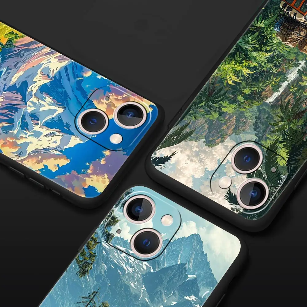 Funda de teléfono de lujo con vehículo de viaje forestal para iPhone 17 Air 16 Plus 13 15 14 12 11 Pro MAX 7 8 SE, funda negra de TPU suave - imagen 2