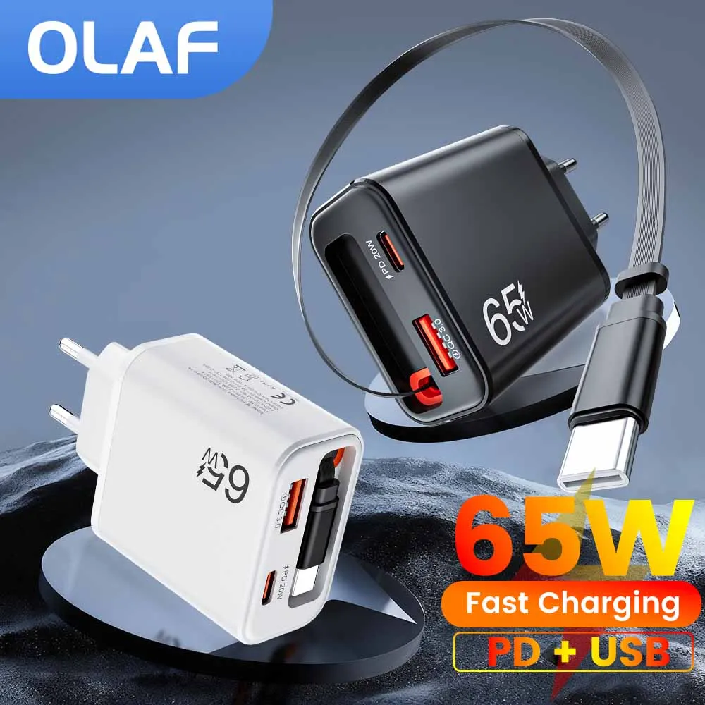 Cargador súper rápido USB C de 65W con Cable retráctil tipo C para iPhone 17 16 15 Samsung Xiaomi QC3.0 PD adaptador de cargador rápido