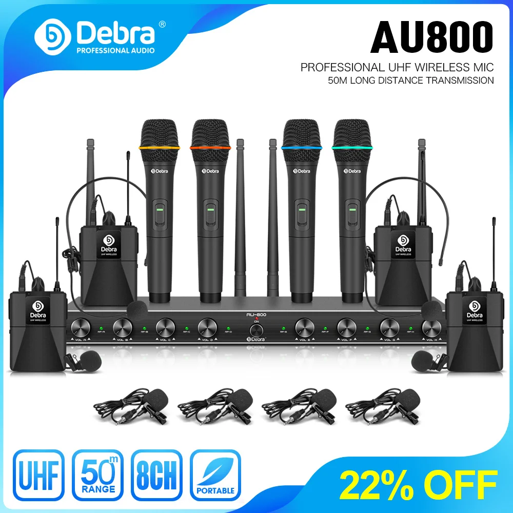 Sistema con micrófono inalámbrico Debra UHF AU800 AU400 AU200 para puesta en escena Karaoke portátil o Lavalier y auriculares - imagen 2