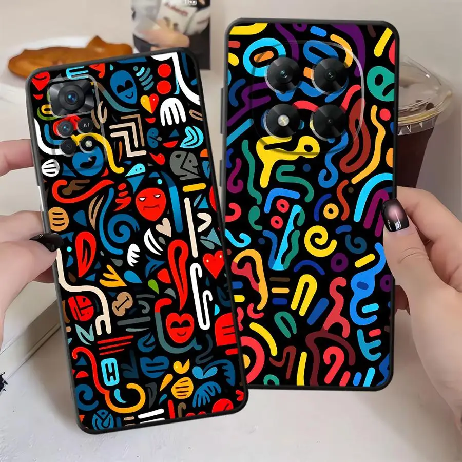 Funda de teléfono suave negra con grafiti de líneas coloridas para Xiaomi Redmi Note 9S 13 14 Pro Plus 10S 11s 12s 7 8 9 10 11 12 Pro