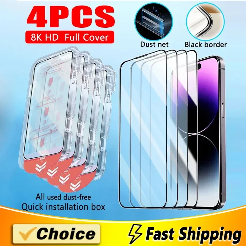 Revestimiento OLEOFÓBICO HD, sin polvo Protector de pantalla para iPhone 13, 11, 12, 14, 15 Pro Max, X, XS MAX, vidrio templado, 4 unidades