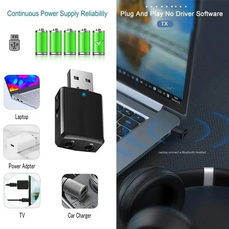 Receptor y transmisor USB Bluetooth 5,0, adaptador EDR 3 en 1, Dongle 3,5mm AUX para TV, PC, auriculares, estéreo para el hogar, Audio HIFI para coche - imagen 2