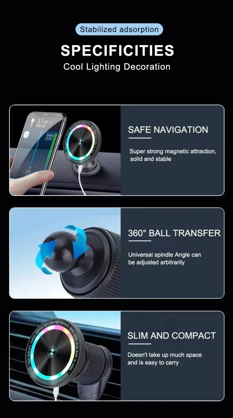 Cargador Inalámbrico Magnético 15W Luz RGB 360 ° Soporte de teléfono con rotación para Magsafe iPhone 17~12 Samsung Xiaomi carga rápida - imagen 5