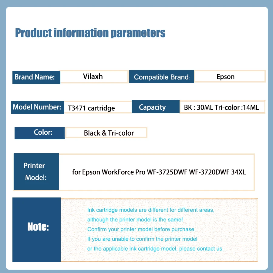 Vilaxh T34XL T34 Compatible 34XL cartucho de tinta T3471 T3472 T3473 T3474 para impresora Epson Workforce Pro WF-3720 WF-3725 - imagen 2