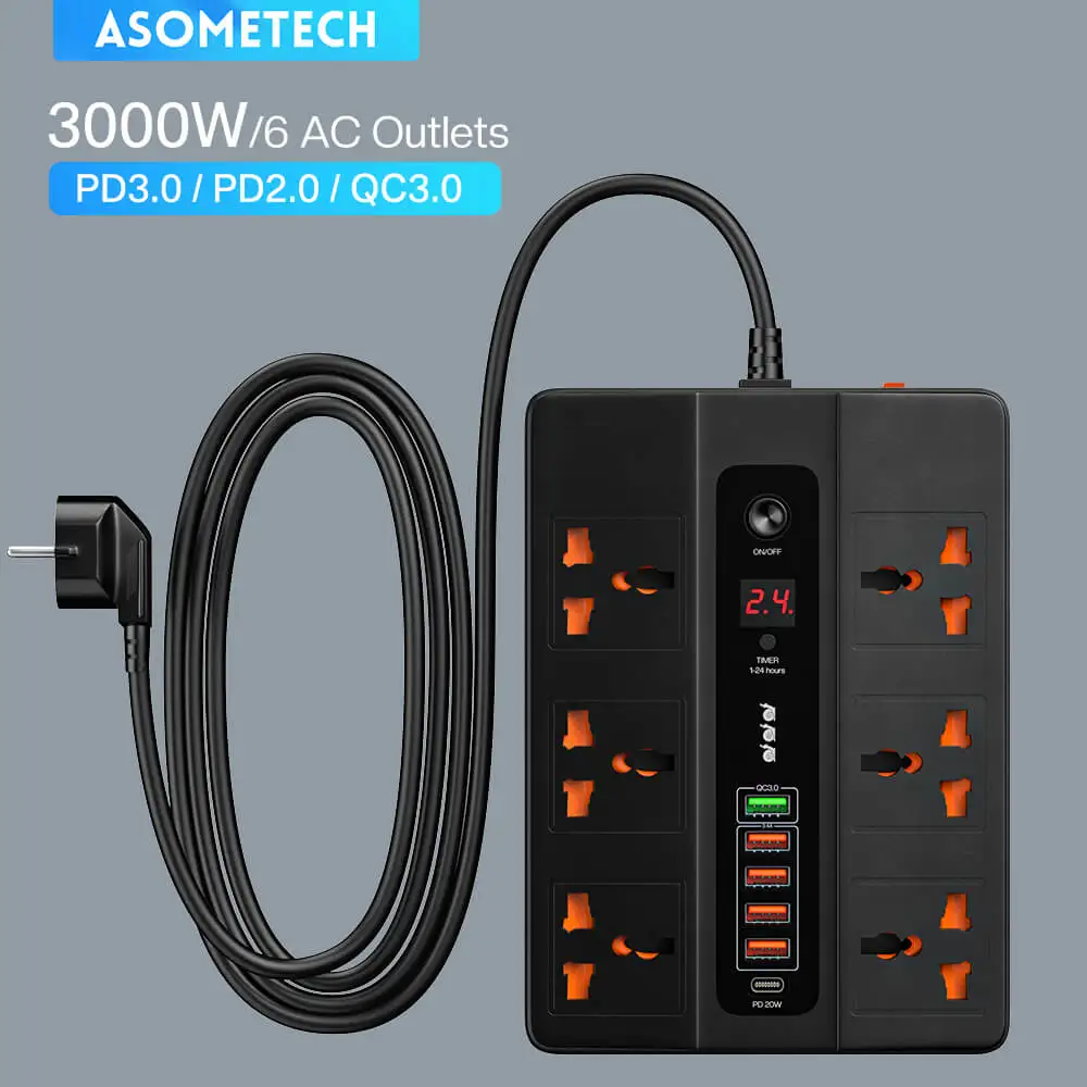 Tira de alimentación de 3000W, Cable extensor de enchufe con temporizador, Cable de extensión eléctrico Universal para el hogar con puertos USB, adaptador de cargador USB