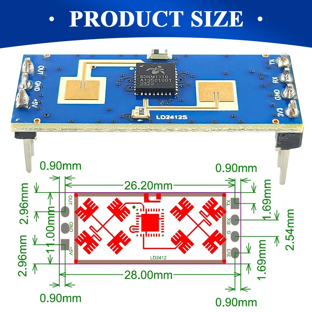 Sensor de módulo de Radar de detección de presencia humana LD2412, sensores móviles corporales sensibles a frecuencia ISM de 24GHz, salida GPIO UART de 9M, 7 pines - imagen 2
