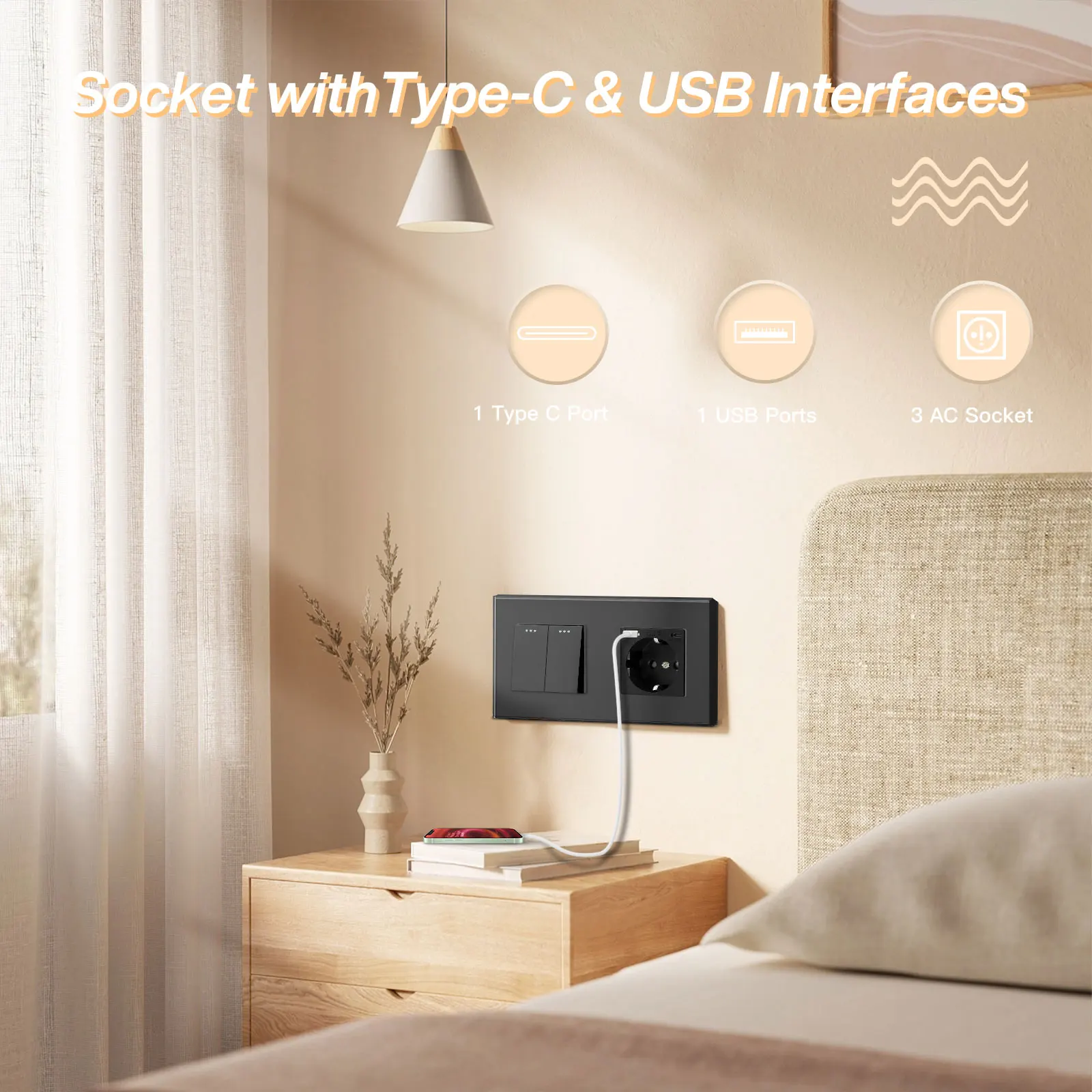 BSEED 1/2/3 interruptor de luz mecánico enchufe de pared de 1 vía puertos de carga USB tipo c enchufes de corriente de la UE Panel de vidrio 16A - imagen 4