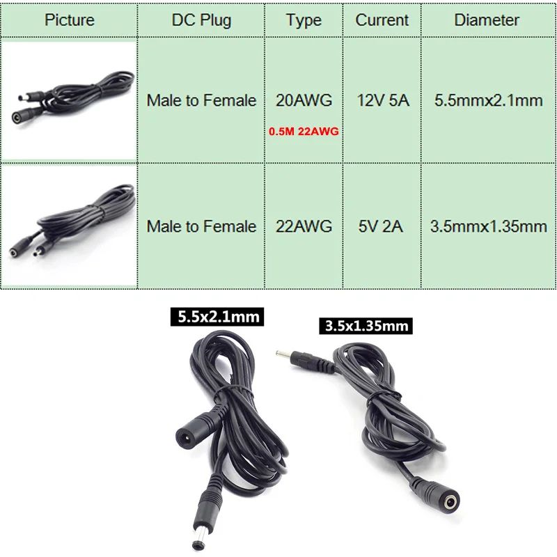 Cable de extensión de alimentación de 0,5 M-5M, 12V CC, enchufe 5,5x2,1, hembra a macho, 5,5x2,5, Cable adaptador macho a macho para tira de luz de cámara CCTV - imagen 2