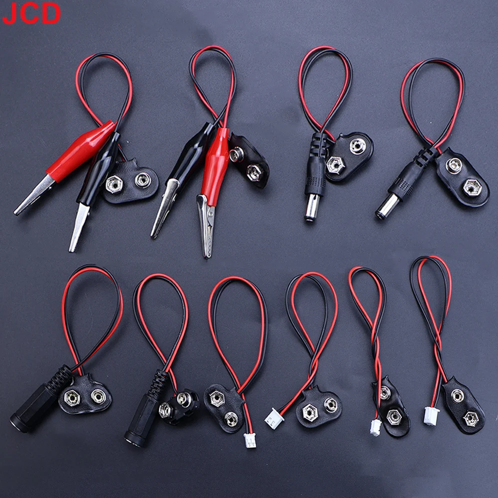 Conector de batería de 9V, Clips de alimentación, conector CC macho hembra, adaptador a presión de cocodrilo, Cable de soporte, enchufe de plomo de 9 voltios, barril, 5 uds.