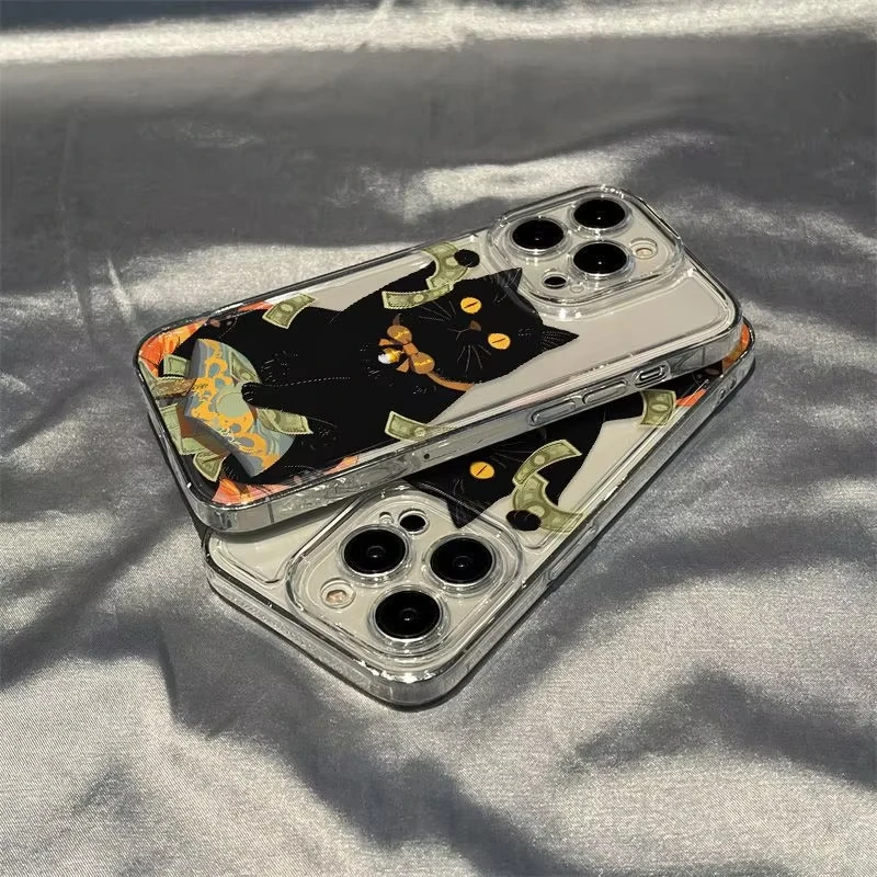 Funda de teléfono con patrón de gatito negro de dibujos animados INS para IPhone Air 17 16 15 14 Plus 13 12 11 Pro Max X XR XS MINI cubierta suave transparente - imagen 4