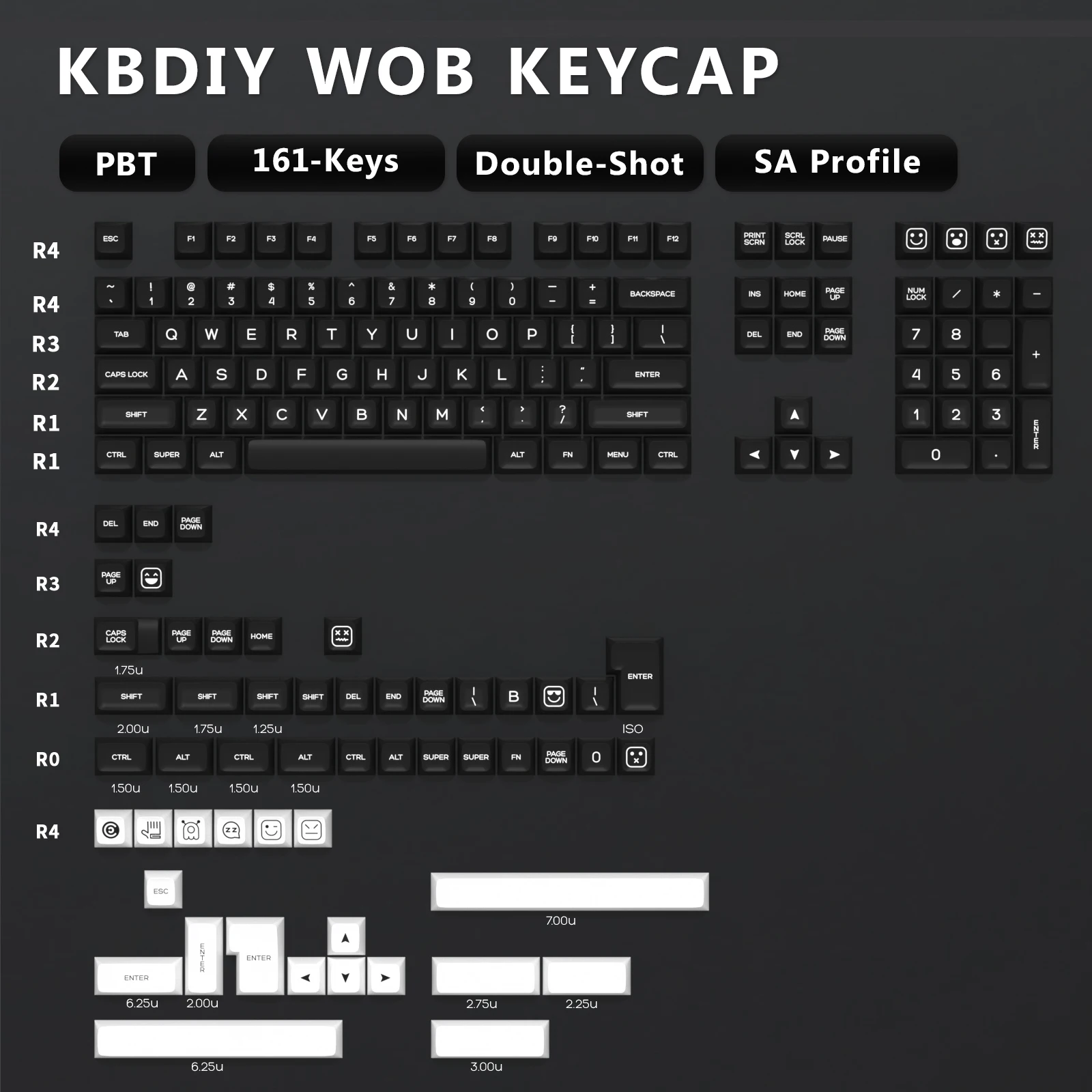 KBDiy 161 teclas/juego PBT SA perfil GMK WOB teclas para teclado mecánico blanco y negro doble disparo Keycap personalizado ISO para K500 - imagen 2