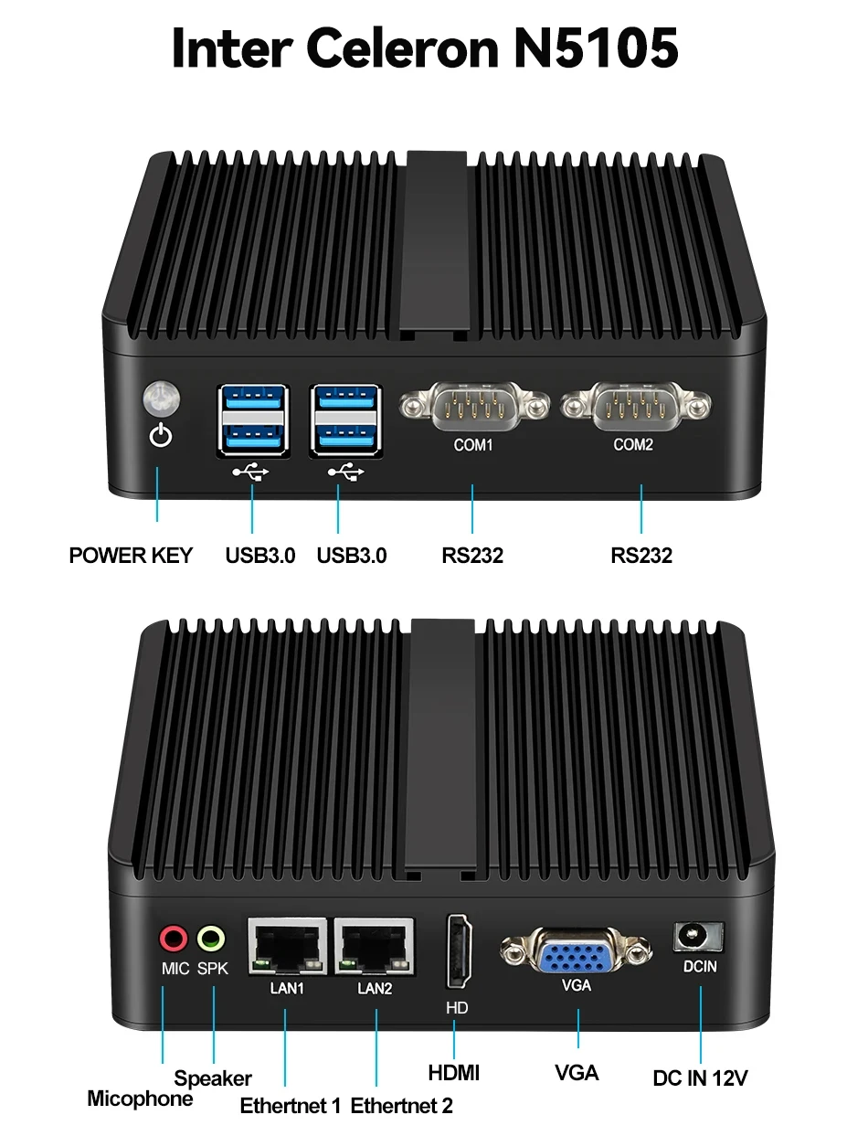 Inter j6412 i5-4200U 5200U Mini PC industrial compatible con Linux WiFi computadora sin ventilador con 4xUSB 2xLAN 2xRS232 Windows10 Ready - imagen 5