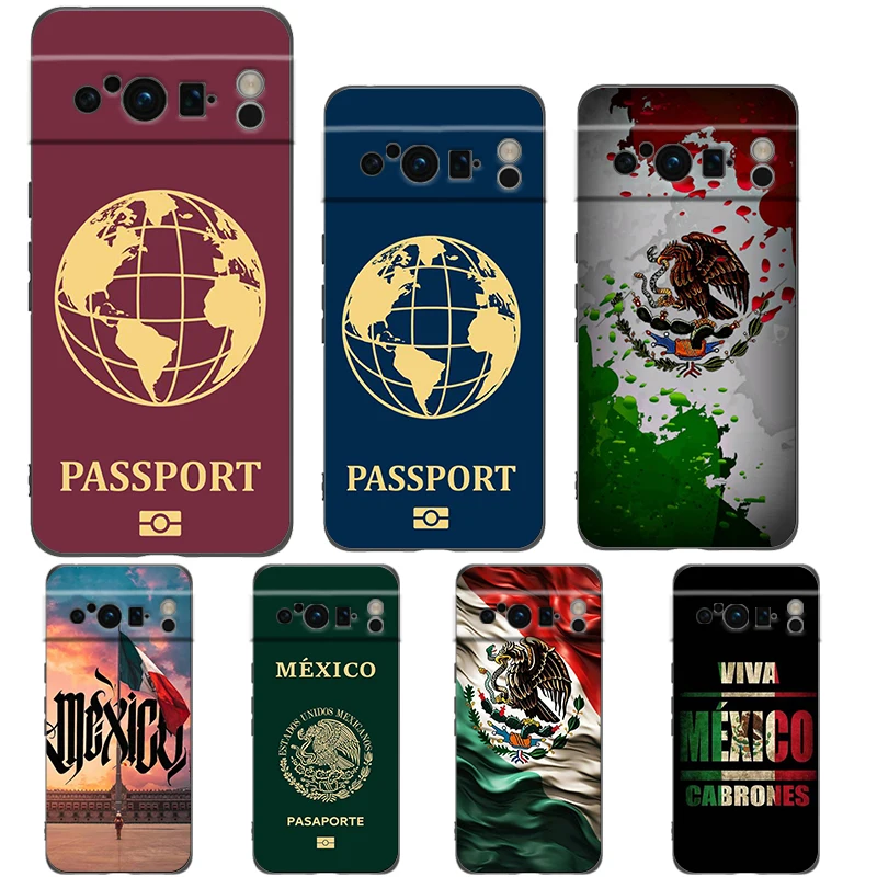 Funda de teléfono con pasaporte de México para Google Pixel 9 8 7 6 Pro XL 8A 6A 7A 5G, funda negra de TPU suave a prueba de golpes