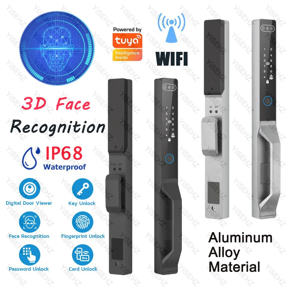 Tuya-cerradura electrónica de aluminio para puerta corredera, dispositivo de cierre inteligente con WiFi, llave de desbloqueo 3D facial, huella dactilar, contraseña, desbloqueo IC