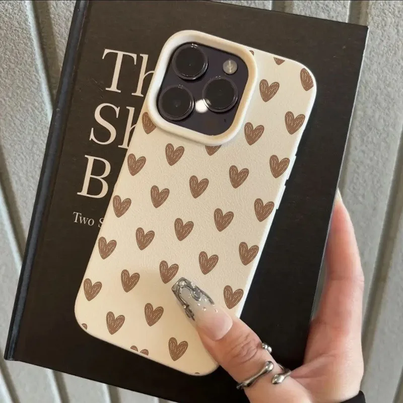 Funda de teléfono con textura de lichi y corazón de amor marrón para iPhone 17 16 15 14 13 12 11 Pro Max 17 Air 15 14 Plus X XS XR 16E, funda suave - imagen 4