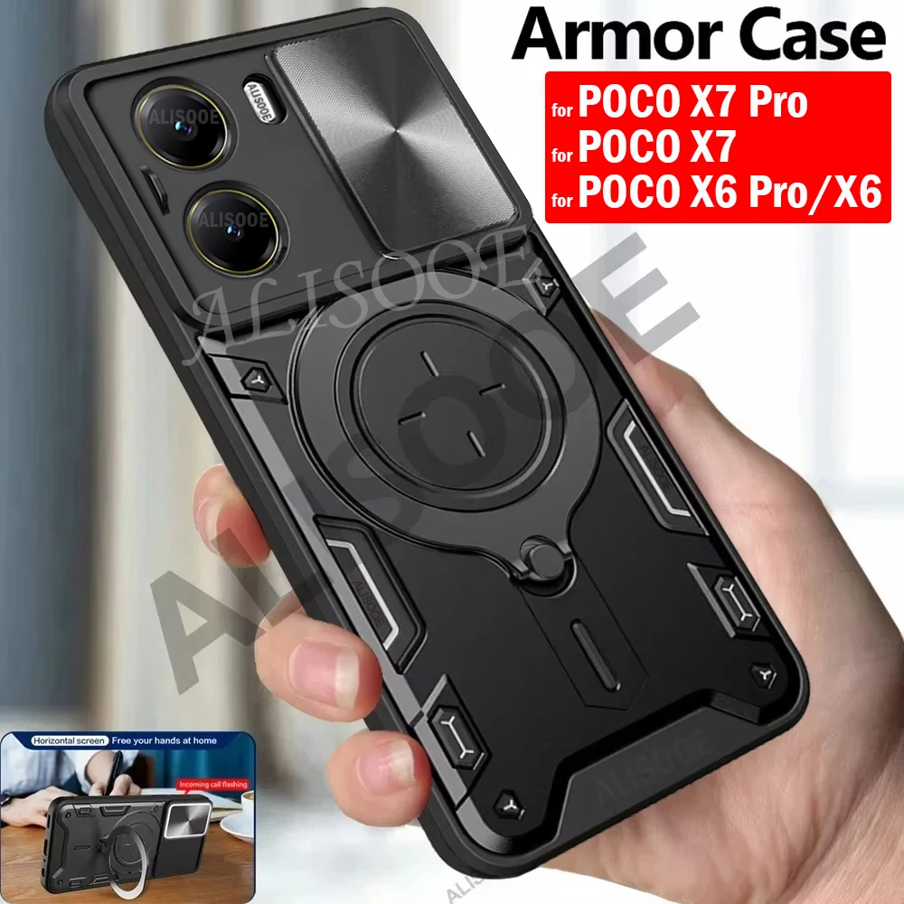 Funda con soporte de anillo magnético Armor para POCO X7 Pro / X6 Pro 5G, Funda protectora para cámara deslizante para Xiaomi POCO X6 5G Capa - imagen 2