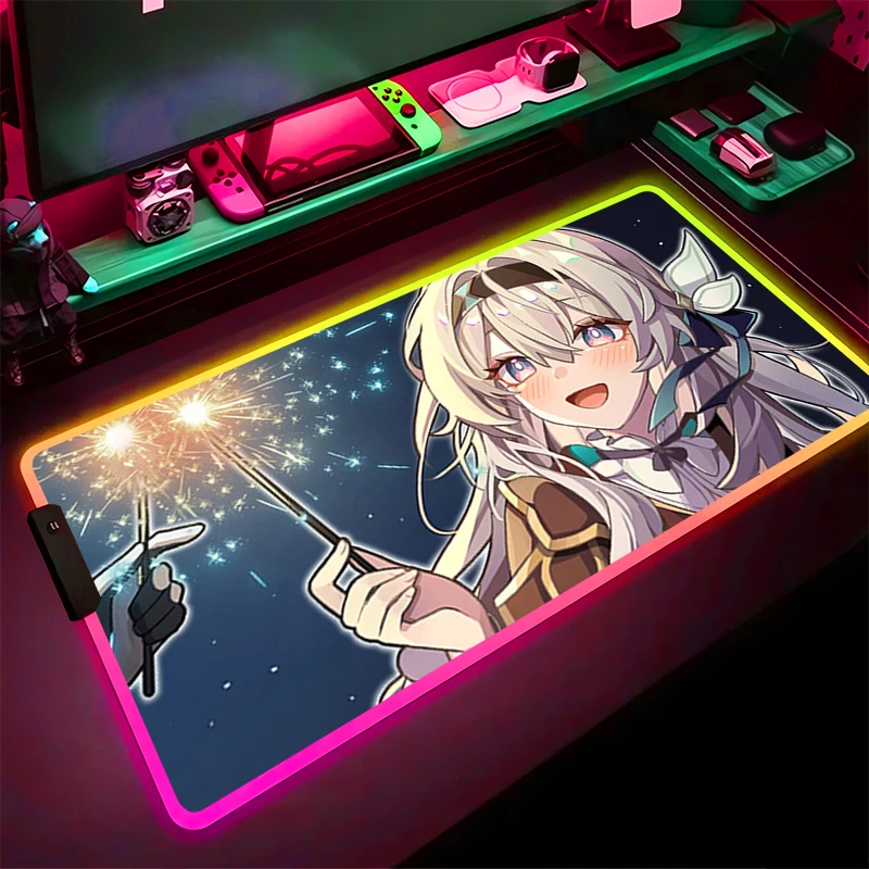 Alfombrilla de ratón LED RGB, alfombrilla de teclado HD, alfombrilla antideslizante para tableta de Anime h-honkai Star Rail Firefly, accesorios para PC, alfombrilla para ratón, alfombrilla de escritorio para juegos - imagen 5