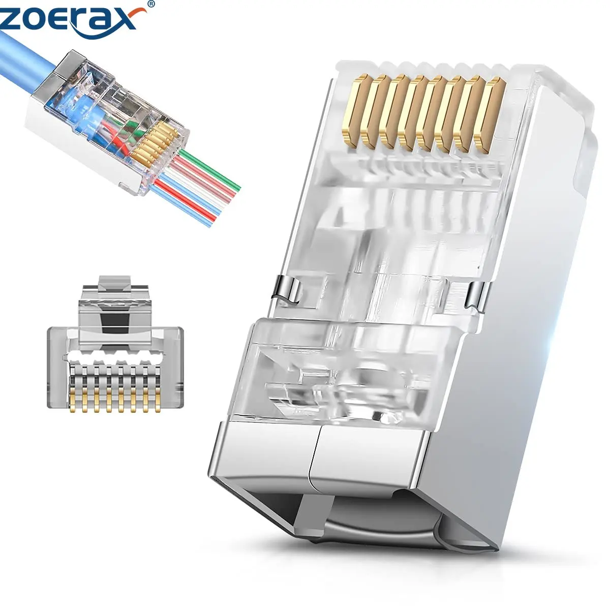 ZoeRax 50 conectores de paso RJ45 Cat6 Cat6A blindados - Extremos Ethernet chapados en oro de 3 clavijas 8P8C para cable de red FTP/STP