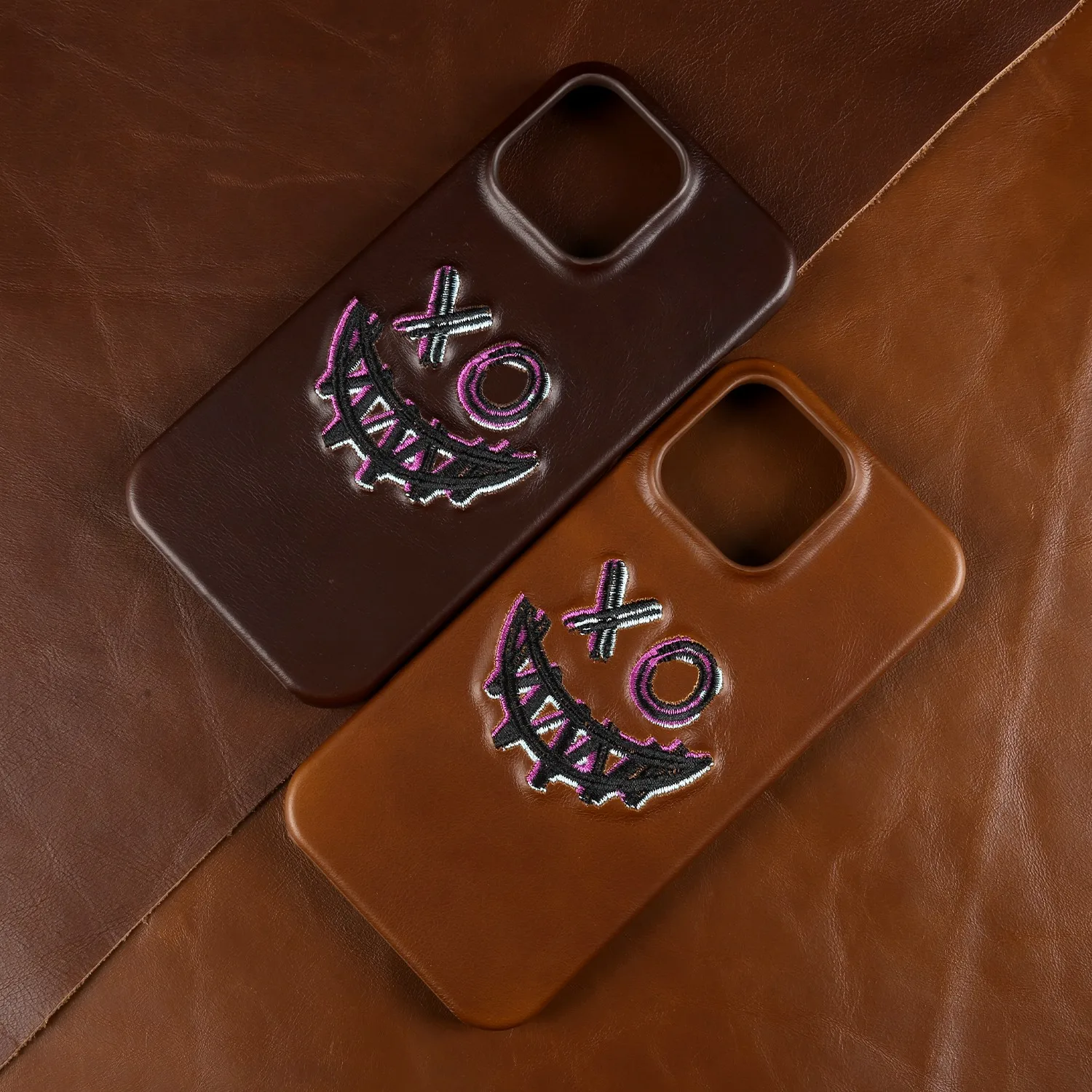 Funda de teléfono de cuero genuino con bordado Retro para Iphone 16 Pro Max, funda protectora trasera Vintage estética 15 13pro 14 12 11 - imagen 3