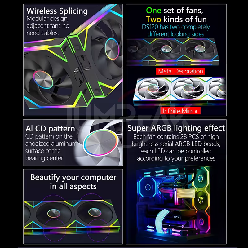 JUMPEAK DS120 ventilador de refrigeración ARGB que cambia la cara 360mm 240mm empalme Modular apilable 120mm ventiladores RGB para juegos PC caja CPU Cooler - imagen 3