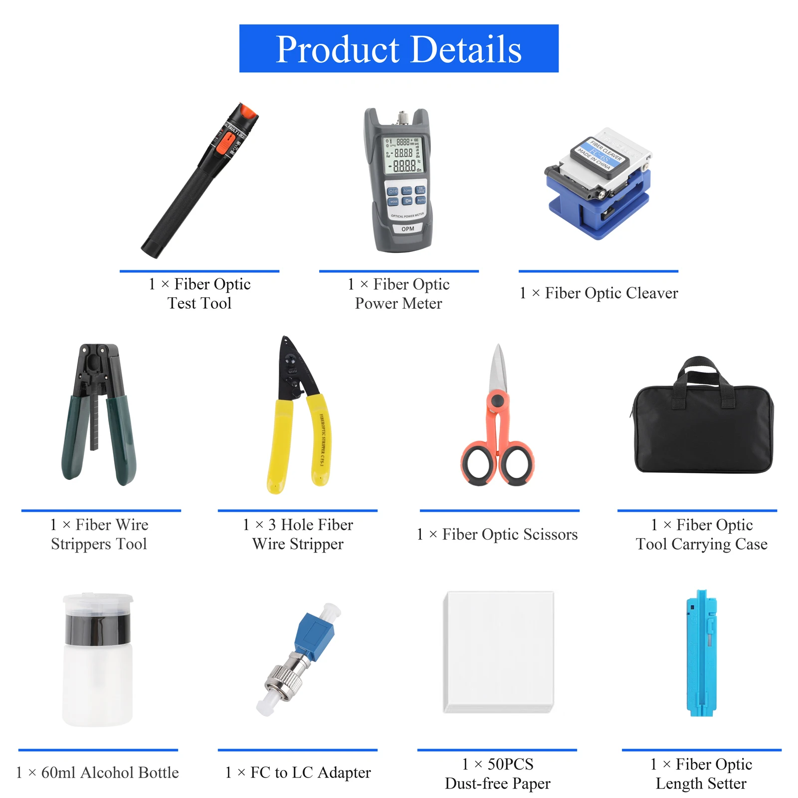 El kit de herramientas de terminación de fibra óptica (9/11 PCS en 1) incluye: cuchilla óptica, medidor de potencia óptica, herramientas de prueba, herramientas de limpieza - imagen 4
