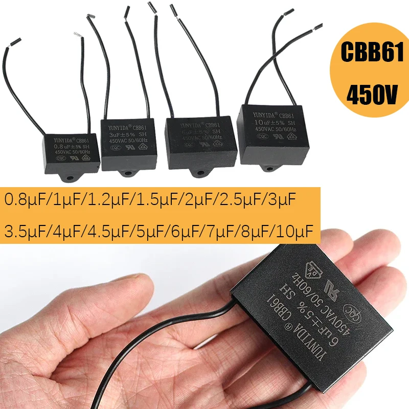 1/5 Uds CBB61 condensadores 450V condensadores de arranque de ventilador 0,8-10UF condensadores de funcionamiento CBB para motores de ventilador equipos eléctricos