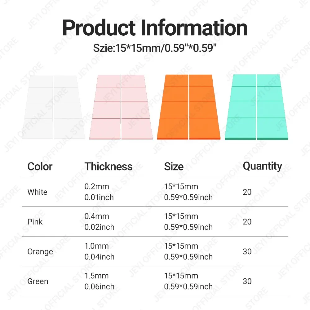 JEYI-Paquete de almohadillas térmicas de silicona conductoras, almohadilla térmica M.2 SSD NVMe NGFF para PC, disipador térmico para ordenador portátil/GPU/CPU/tarjeta gráfica LED, 100 unidades - imagen 4