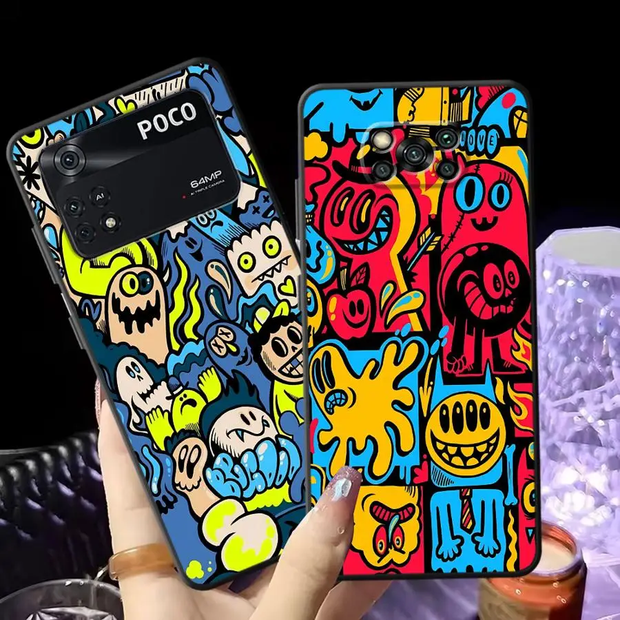 Funda de teléfono suave negra para Xiaomi Poco C75 F3 F1 C50 M3 M4 M7 Pro C40 M5 C61 X3 X4 X5 X7 Pro C71 Monster Graffiti Cool