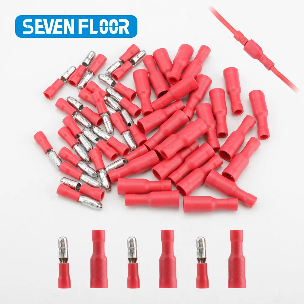 Conector de engarce de cable de Audio eléctrico, Terminal aislante de tope macho y hembra en forma de bala de PVC, 50 piezas, MPD FRD, rojo, azul, amarillo - imagen 5